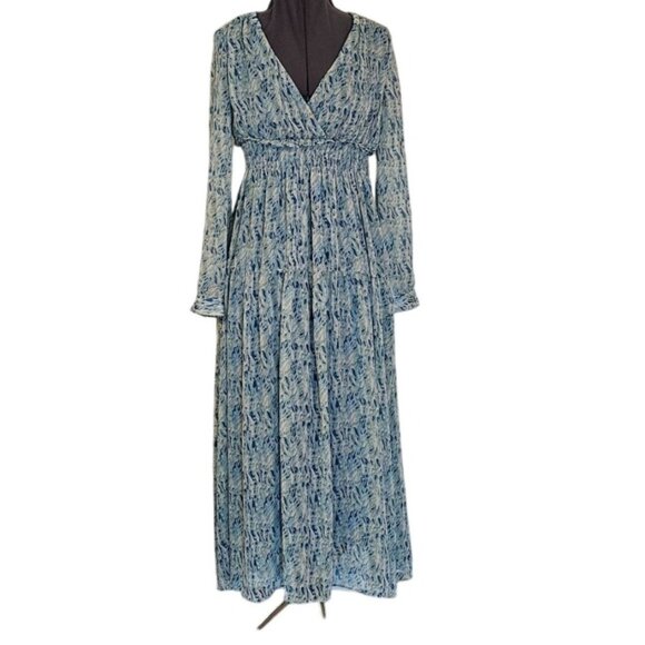 Taylor tiered cottage dress size 2 long sleeve blue green fit flare ankle length - Picture 1 of 13